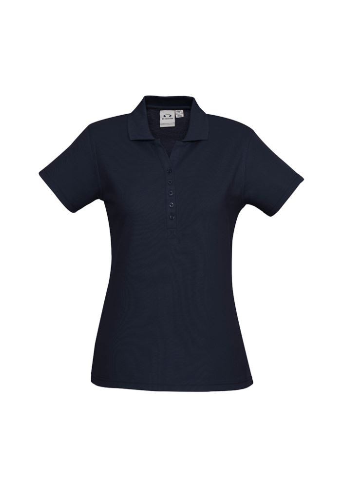 Navy Ladies Crew Polo, Size 22, featuring a stylish Y-placket, knitted collar, and durable fabric for comfort and UV protection.