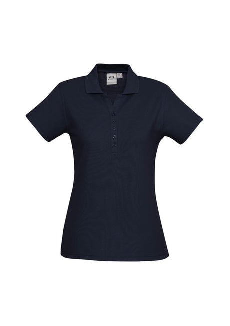 Navy Ladies Crew Polo, Size 22, featuring a stylish Y-placket, knitted collar, and durable fabric for comfort and UV protection.