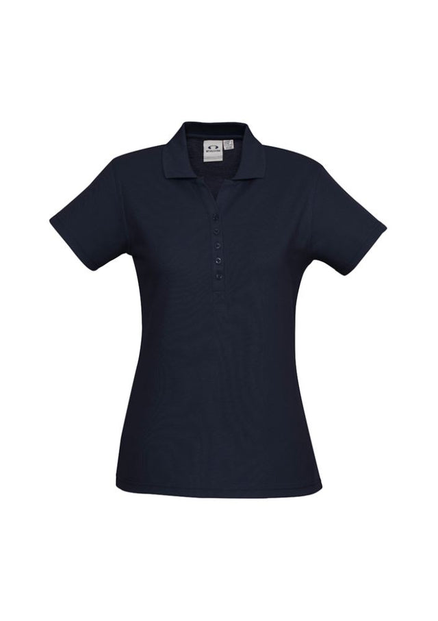 Navy Ladies Crew Polo, Size 22, featuring a stylish Y-placket, knitted collar, and durable fabric for comfort and UV protection.