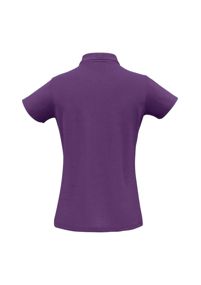 Purple Ladies Crew Polo size 8, made of 65% polyester and 35% cotton, featuring stylish details and sun protection.