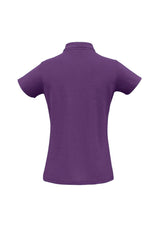 Purple Ladies Crew Polo size 8, made of 65% polyester and 35% cotton, featuring stylish details and sun protection.