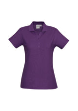 Ladies Crew Polo in purple, size 24, featuring a soft cotton-polyester blend, stylish Y-placket, and durable armholes.