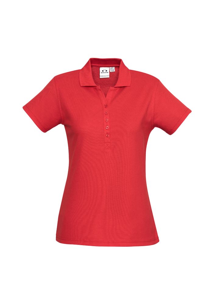 Red Ladies Crew Polo from Biz Collection, size 10, featuring a Y-placket, knitted collar, and UPF sun protection.