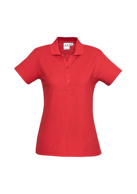 Ladies Crew Polo in red, size 14, featuring UPF protection, durable stitching, and a stylish Y-placket for casual or professional wear.