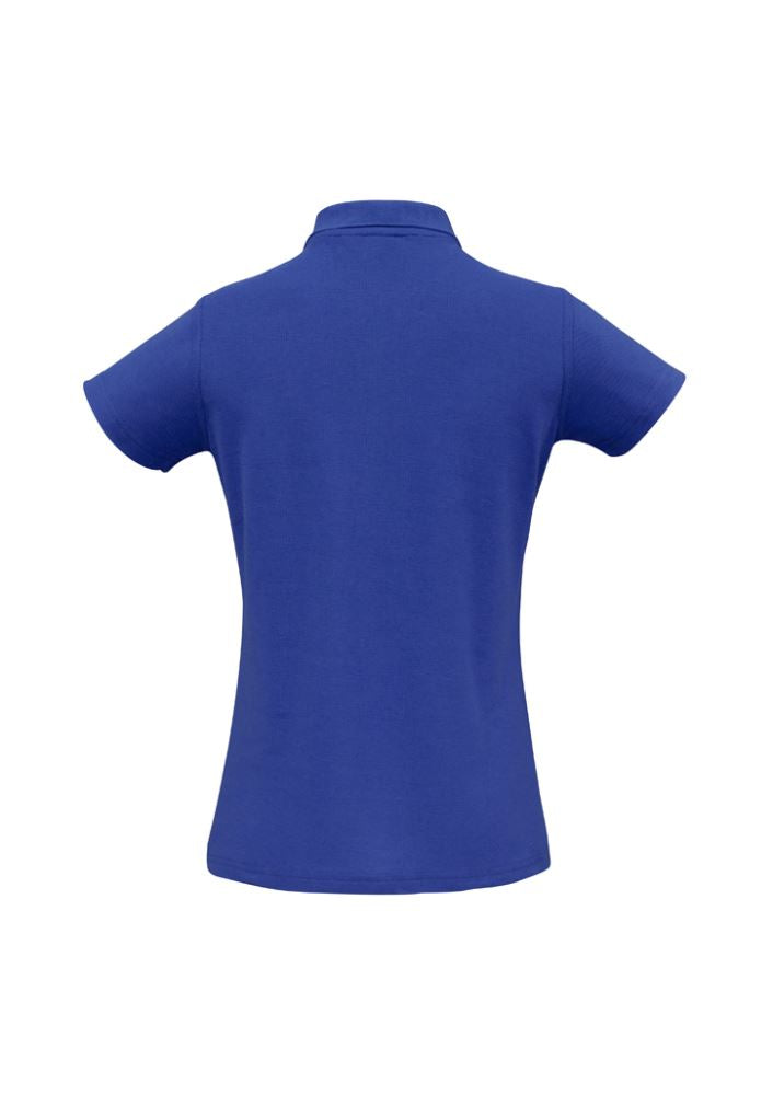 Ladies Crew Polo in royal blue, size 14, featuring a stylish Y-placket and soft cotton-polyester blend for comfort and elegance.