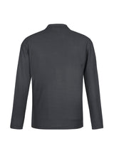 Charcoal long sleeve polo for men, size S, made from 65% polyester and 35% cotton, featuring a sleek collar and pocket.