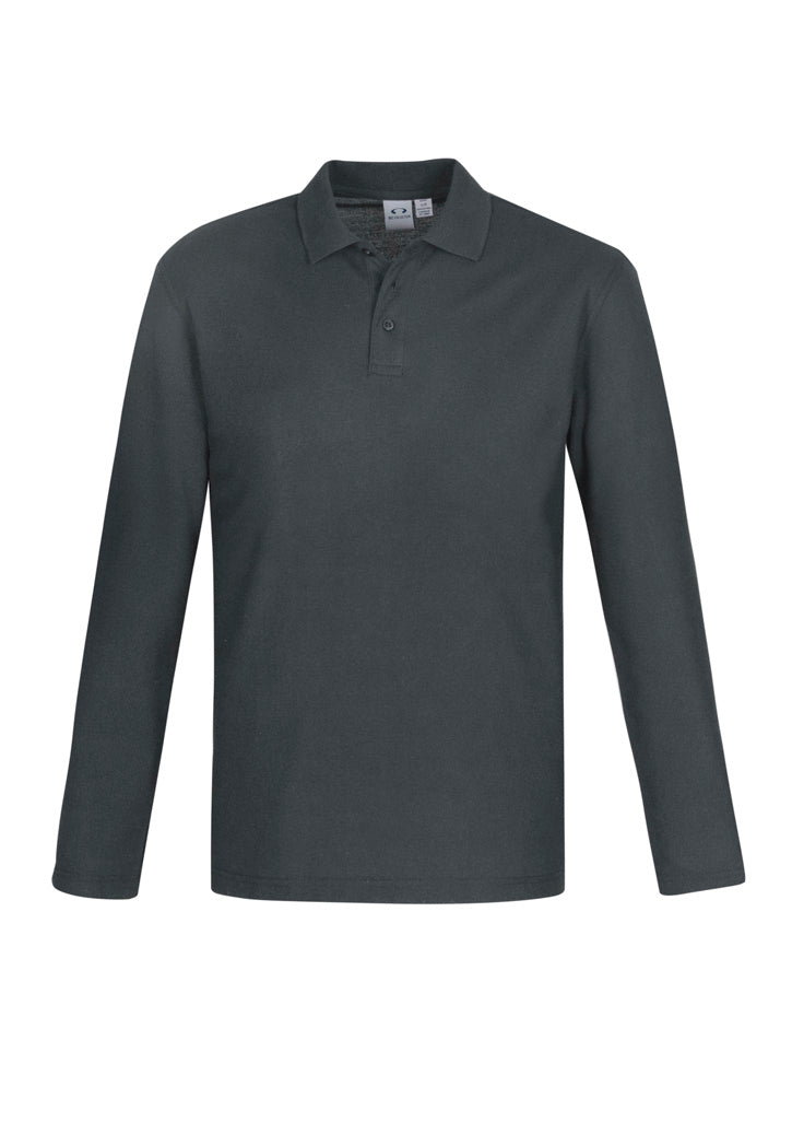 Charcoal long sleeve polo for men, size S, featuring breathable fabric, UPF protection, and a sleek knitted collar.