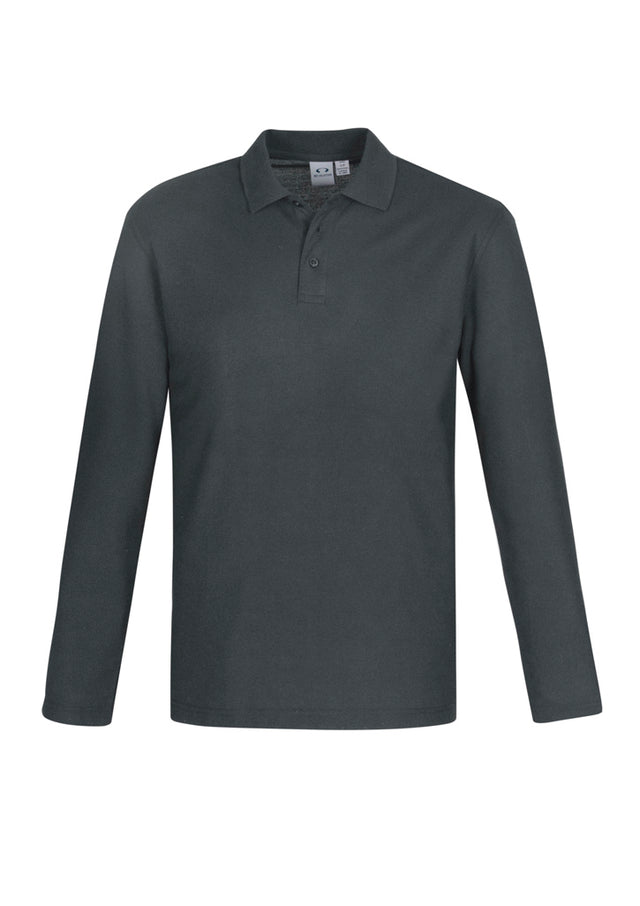 Charcoal long sleeve polo for men, size S, featuring breathable fabric, UPF protection, and a sleek knitted collar.