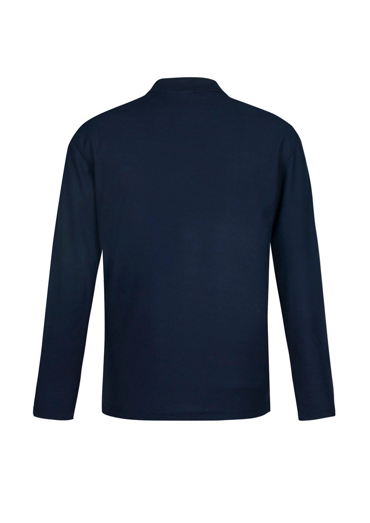 Navy long sleeve polo shirt for men, XL size, made of durable cotton-polyester blend, features a knitted collar and practical pocket.