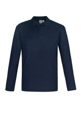 Crew Men's long-sleeve navy polo, crafted from breathable fabric with UPF protection, featuring a knitted collar and pocket.