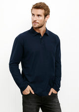 Navy long sleeve polo for men, 3XL, featuring a knitted collar, soft fabric, and practical pocket, ideal for casual or business wear.