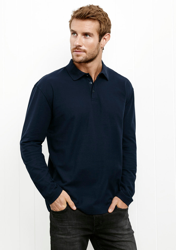 Navy long-sleeve polo for men with a flat collar and pocket, made from breathable, durable polyester-cotton blend.