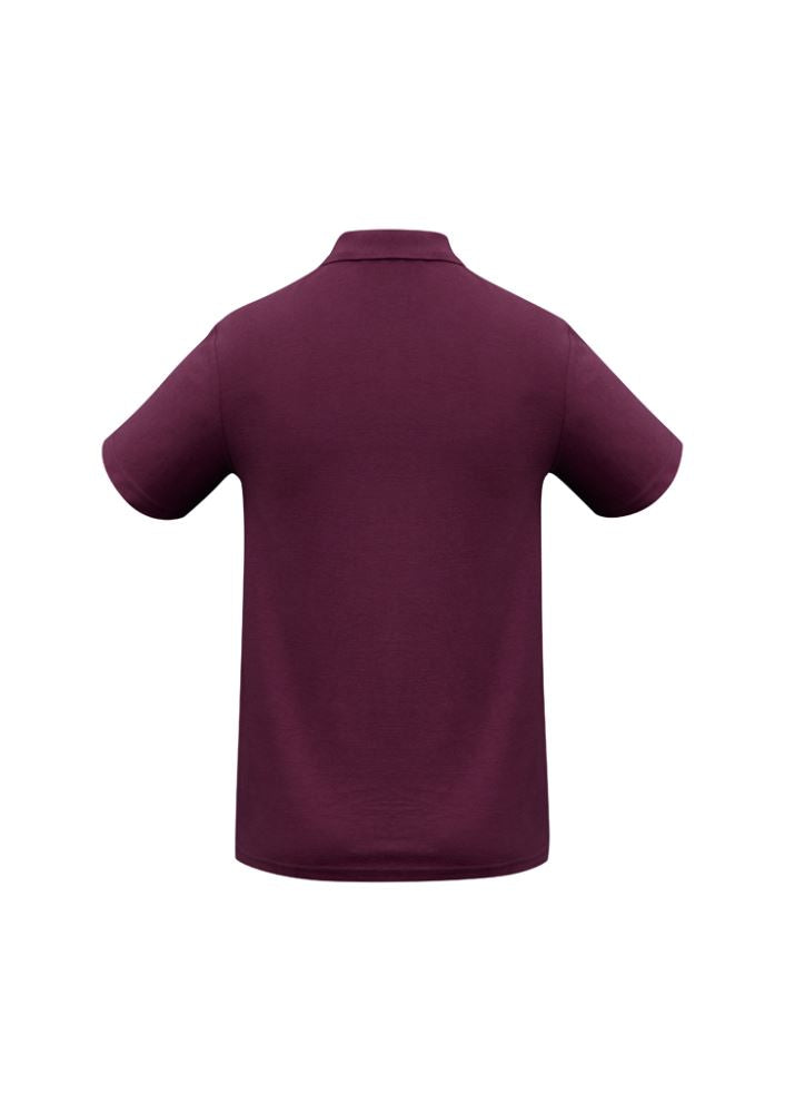 Kids maroon crew polo, size 12, made from a breathable blend, featuring a flat collar, 3-button placket, and UV protection.