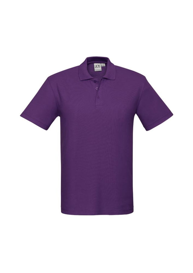 Men's purple crew polo shirt in size XL from Biz Collection, featuring a flat collar, durable fabric, and a loose pocket.