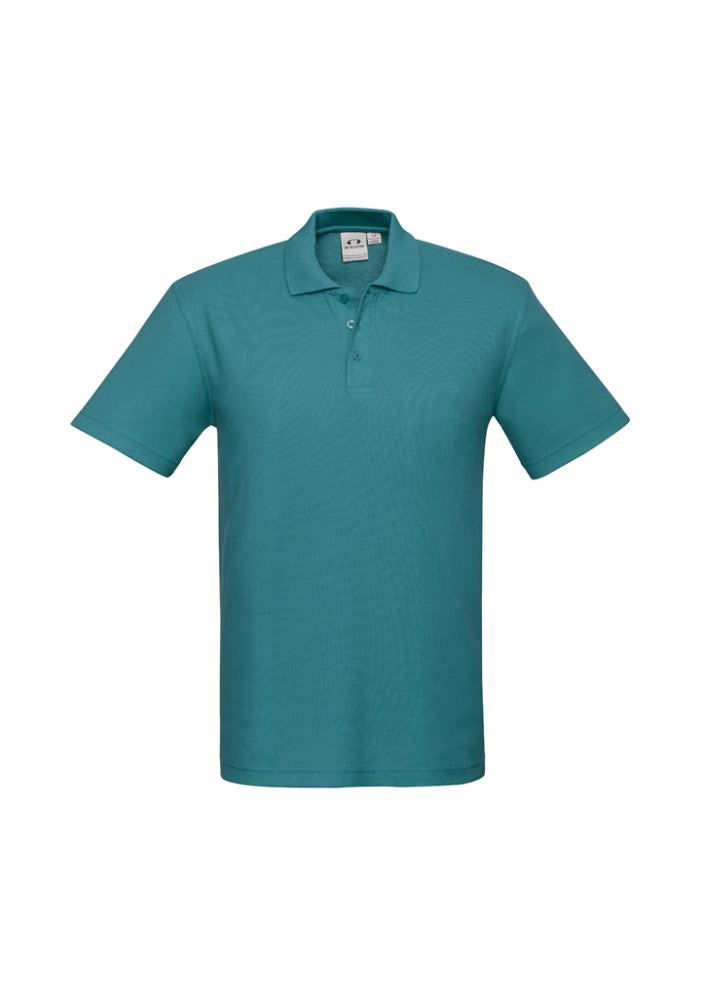 Men's teal crew polo shirt in size M, made of a durable polyester-cotton blend, featuring a sleek collar and pocket.