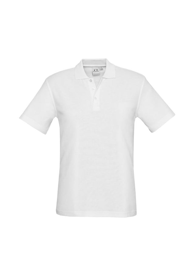 Men's Crew Polo in white, size S, featuring a knitted collar, durable pique fabric, and UPF protection for casual versatility.