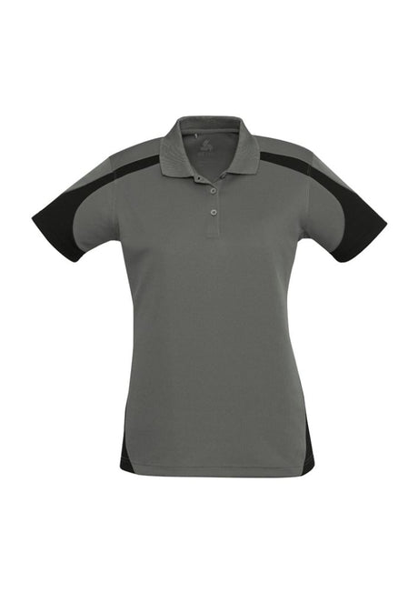 Ladies Talon Polo in Ash/Black, Size 12, features breathable fabric, sporty design, and excellent sun protection.