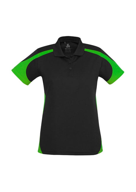 Ladies Talon Polo in Black/Green, size 8, featuring breathable polyester, sports mesh, and UPF sun protection.