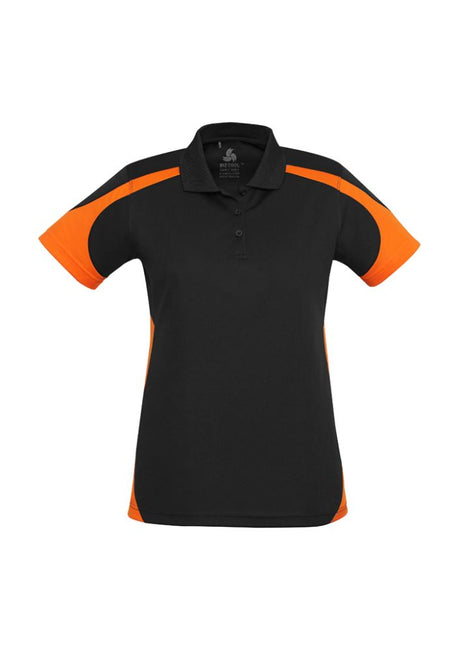 Ladies Talon Polo in black and orange, size 18; breathable fabric with sporty design and sun protection features.