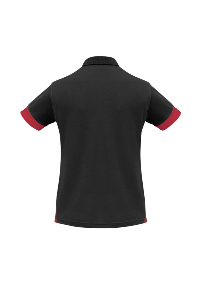 Ladies Talon Polo in Black/Red, Size 16, featuring breathable polyester, sporty design, and excellent UV protection.