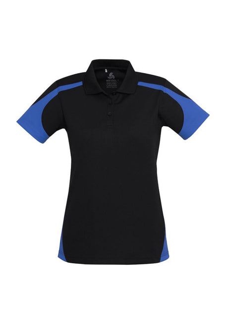 Ladies Talon Polo in Black/Royal, size 24, featuring breathable fabric, UPF protection, and stylish contrast panels.
