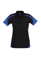 Ladies Talon Polo in Black/Royal, size 14, featuring breathable fabric, stylish design, and excellent sun protection.