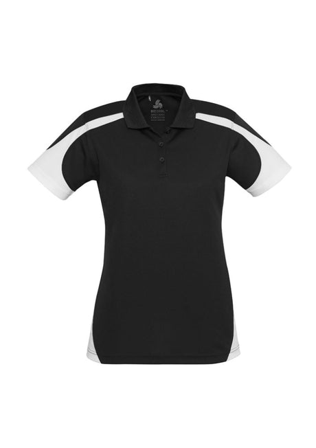 Ladies Talon Polo in black/white, size 12, featuring breathable fabric, stylish design, and excellent sun protection.