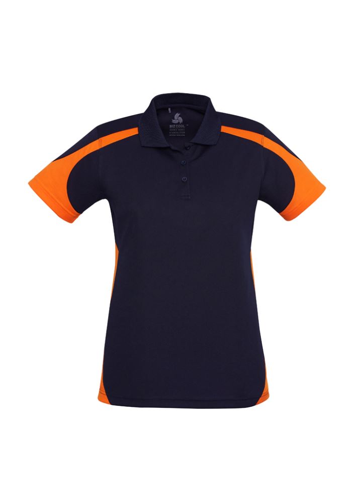 Ladies Talon Polo in navy and orange, size 20, crafted from breathable polyester with UPF sun protection and stylish design.