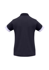 Ladies Talon Polo in navy and white, featuring breathable polyester, sporty design, and UPF sun protection. Size 8.