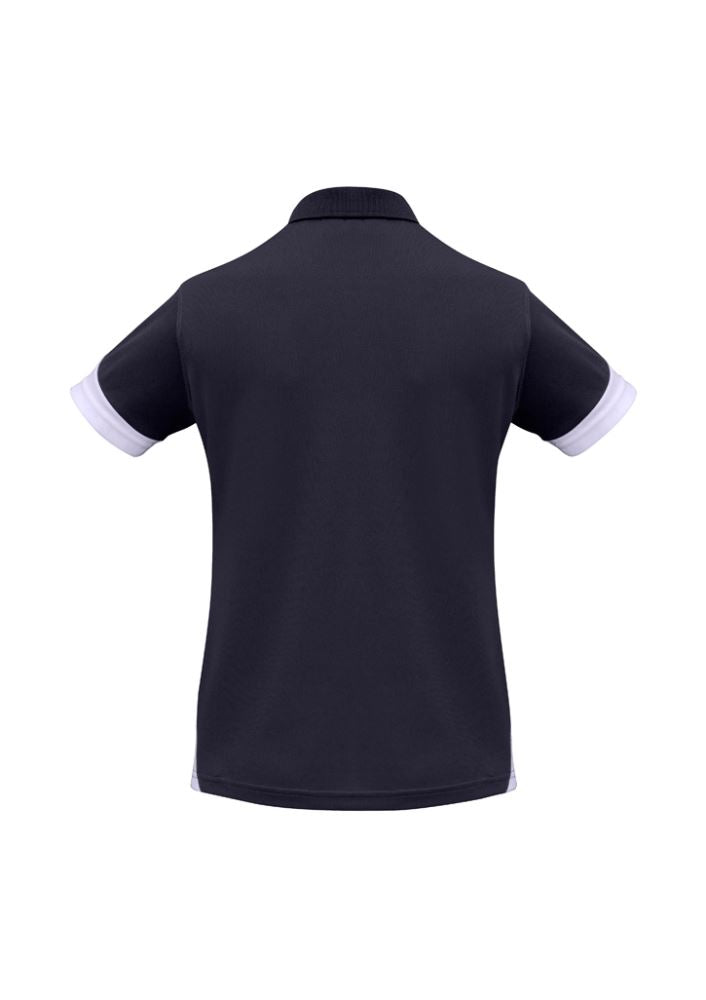Ladies Talon Polo in Navy/White, Size 14, featuring breathable polyester, stylish collar, and excellent sun protection.