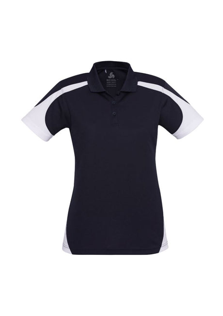 Ladies Talon Polo in Navy/White, size 16, featuring breathable mesh, UPF protection, and stylish contrast details.