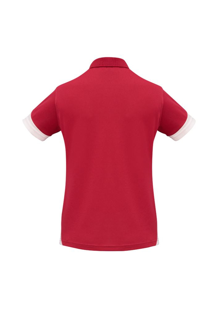 Ladies Talon Polo in red and white, Size 16, featuring breathable fabric, sports mesh, and stylish contrasting details.