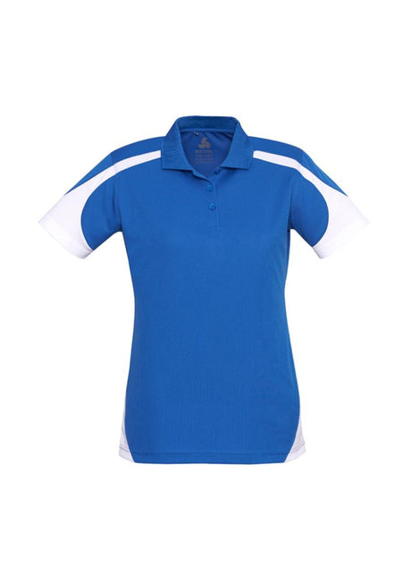 Ladies Talon Polo in royal blue and white, size 14, featuring breathable fabric and stylish design for versatile wear.