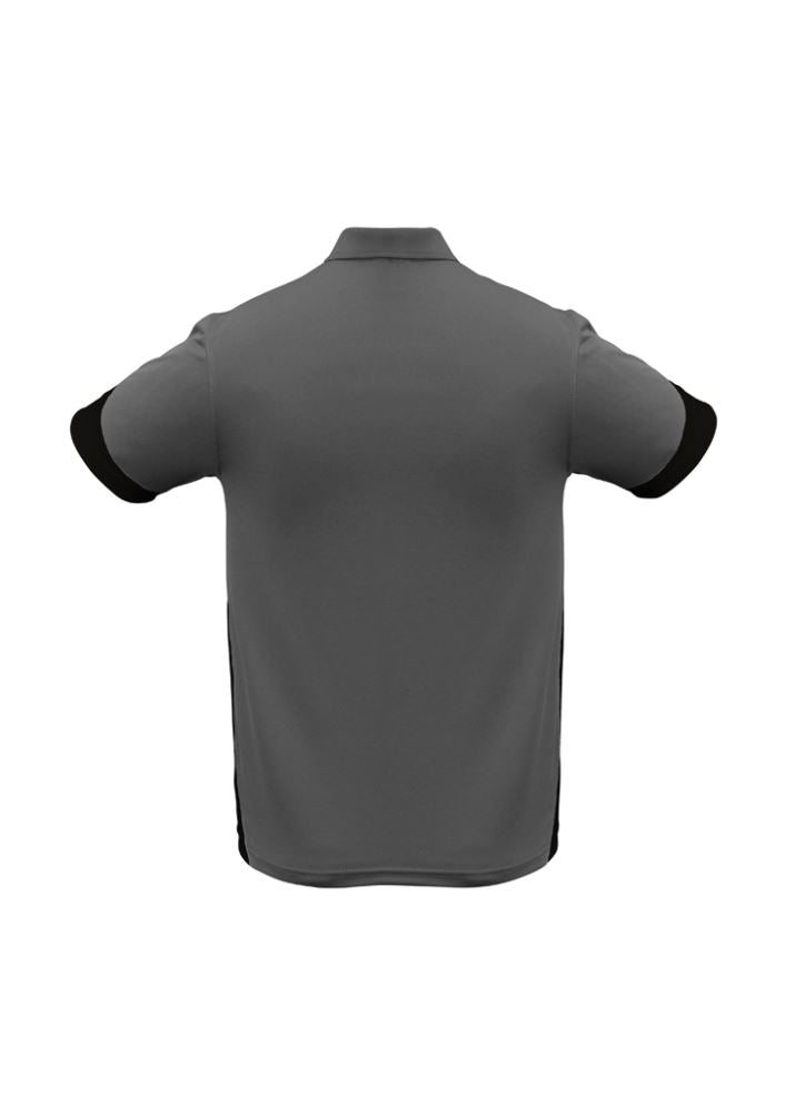 Men's Talon Polo in Ash/Black, Size S by Biz Collection, featuring breathable fabric, stylish design, and functional pocket.