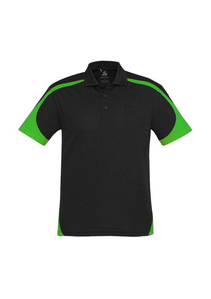 Men's Talon Polo in black and green, Size S, made from breathable polyester, featuring a stylish knitted collar and contrast details.