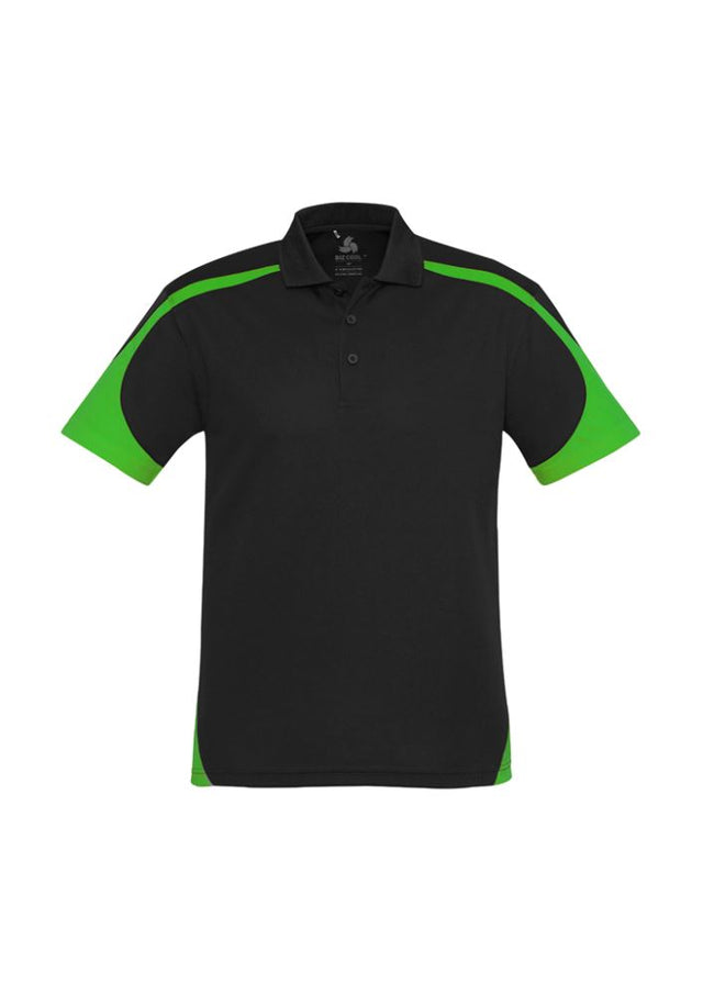 Men's Talon Polo in black and green, Size S, made from breathable polyester, featuring a stylish knitted collar and contrast details.