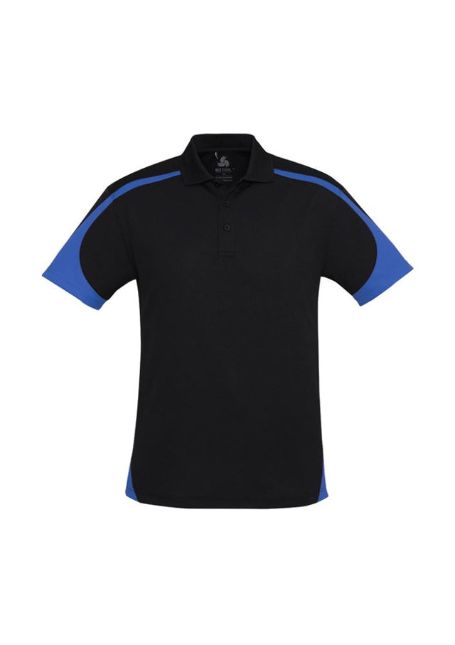 Men's Talon Polo in black and royal, featuring breathable fabric, modern collar, contrast panels, and a loose pocket, size M.