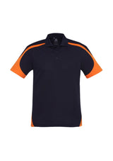 Men's Talon Polo in navy and orange, featuring breathable mesh fabric, UPF protection, and a stylish knitted collar. Size M.