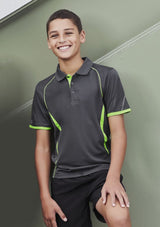 Kids Razor Polo in black and white, featuring breathable fabric, grid mesh panels, and stylish design for active wear.
