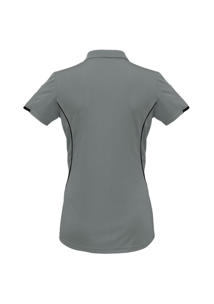 Ladies Razor Polo in Ash/Black, Size 16, featuring breathable fabric, unique sleeve print, and stylish contrast details.
