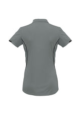 Ladies Razor Polo in Ash/Black, Size 16, featuring breathable fabric, unique sleeve print, and stylish contrast details.