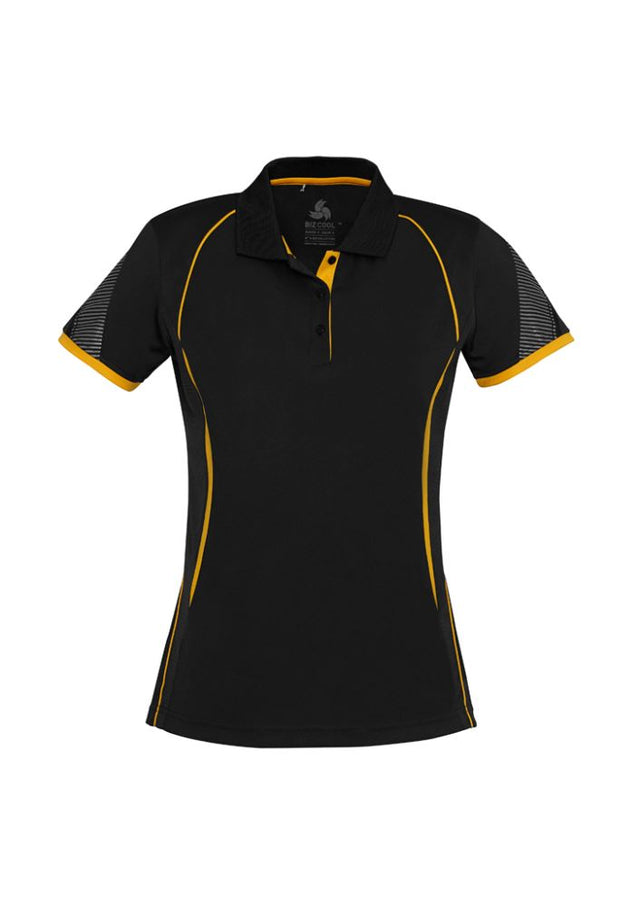Ladies Razor Polo in Black/Gold, Size 12, featuring breathable mesh, stylish contrast details, and high UV protection.