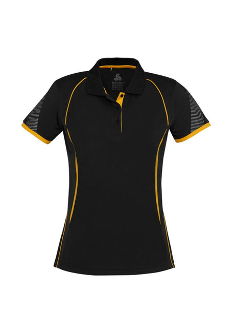 Ladies Razor Polo in Black and Gold, size 24, featuring breathable fabric, unique sleeve prints, and a stylish knitted collar.