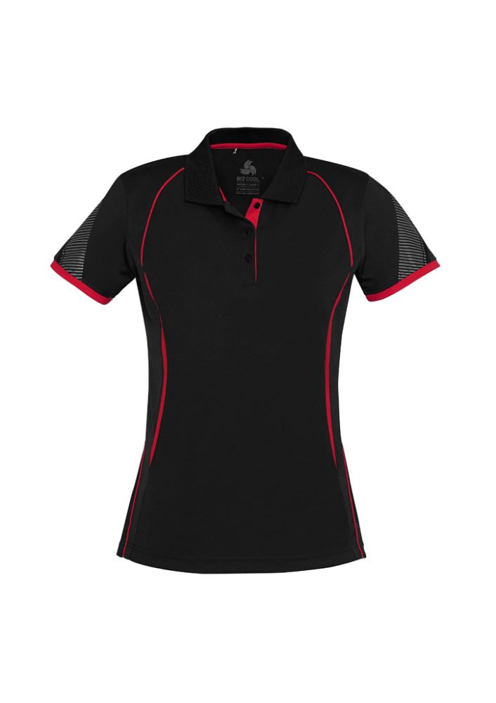 Ladies Razor Polo in Black and Red, Size 14, featuring breathable mesh panels and stylish contrast details for active wear.