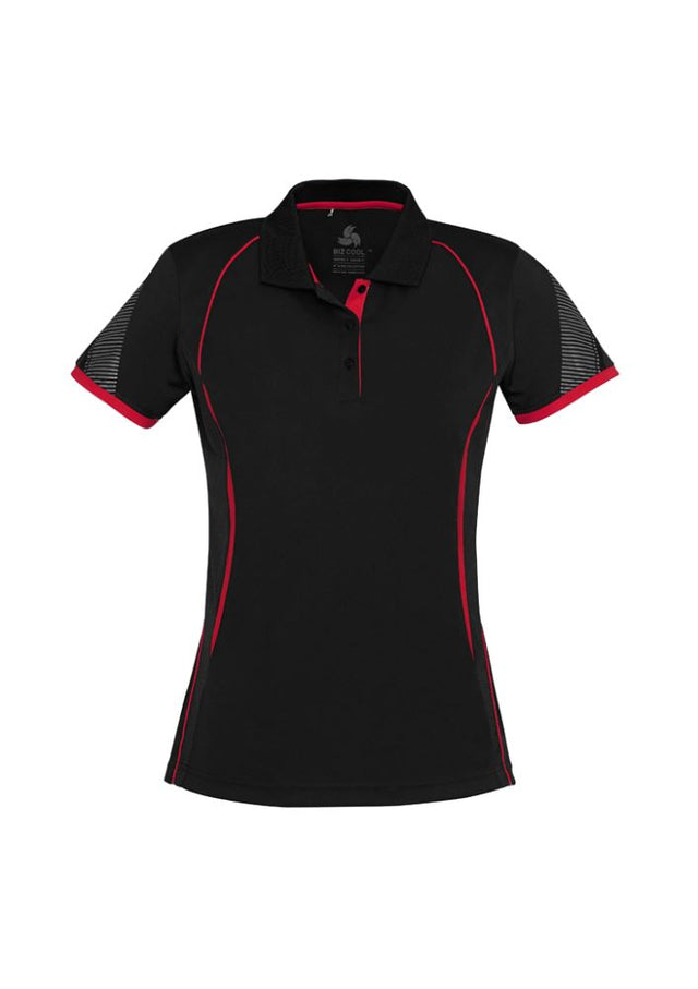 Ladies Razor Polo in Black and Red, Size 14, featuring breathable mesh panels and stylish contrast details for active wear.
