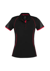 Ladies Razor Polo in black/red, size 24, featuring breathable mesh panels, UPF protection, and a stylish knitted collar.