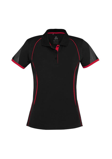 Ladies Razor Polo in black/red, size 24, featuring breathable mesh panels, UPF protection, and a stylish knitted collar.