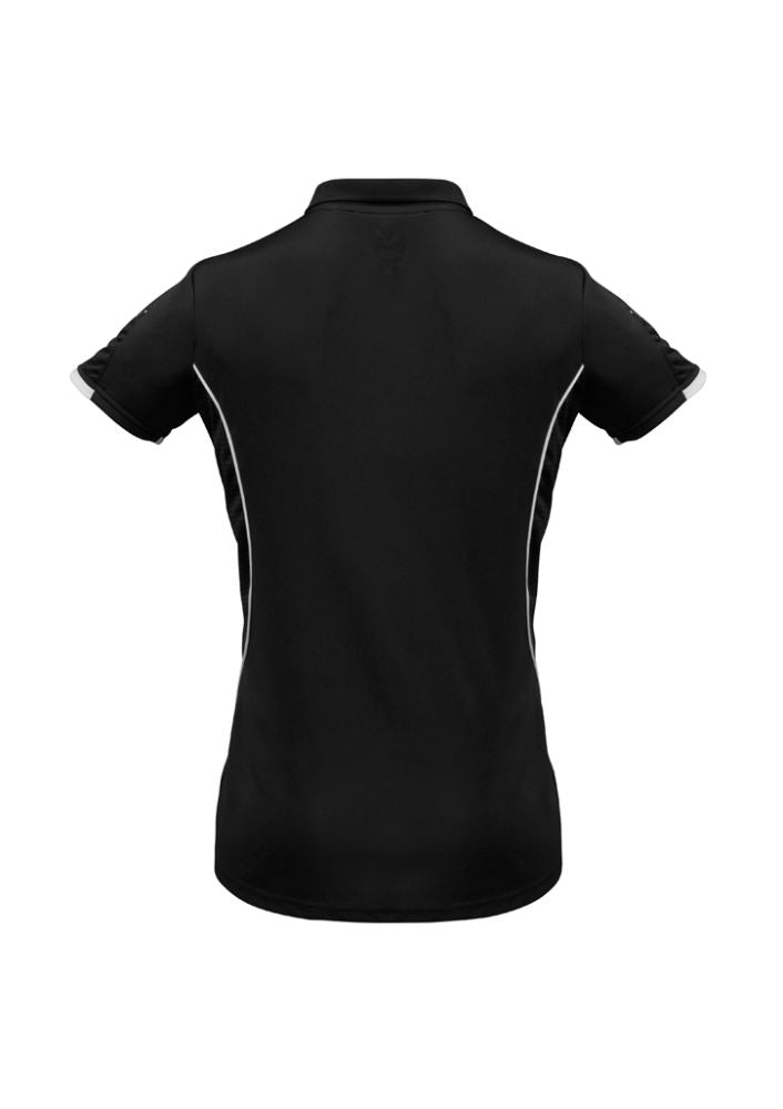 Ladies Razor Polo in Black/White, size 14, featuring breathable mesh panels, stylish contrast details, and sun protection.