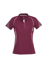 Ladies Razor Polo in maroon/white, size 18, showcasing a stylish design with breathable mesh and UPF sun protection.