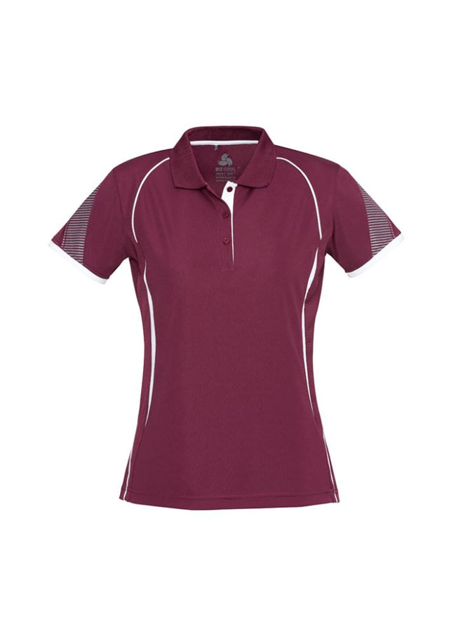 Ladies Razor Polo in maroon/white, size 18, showcasing a stylish design with breathable mesh and UPF sun protection.